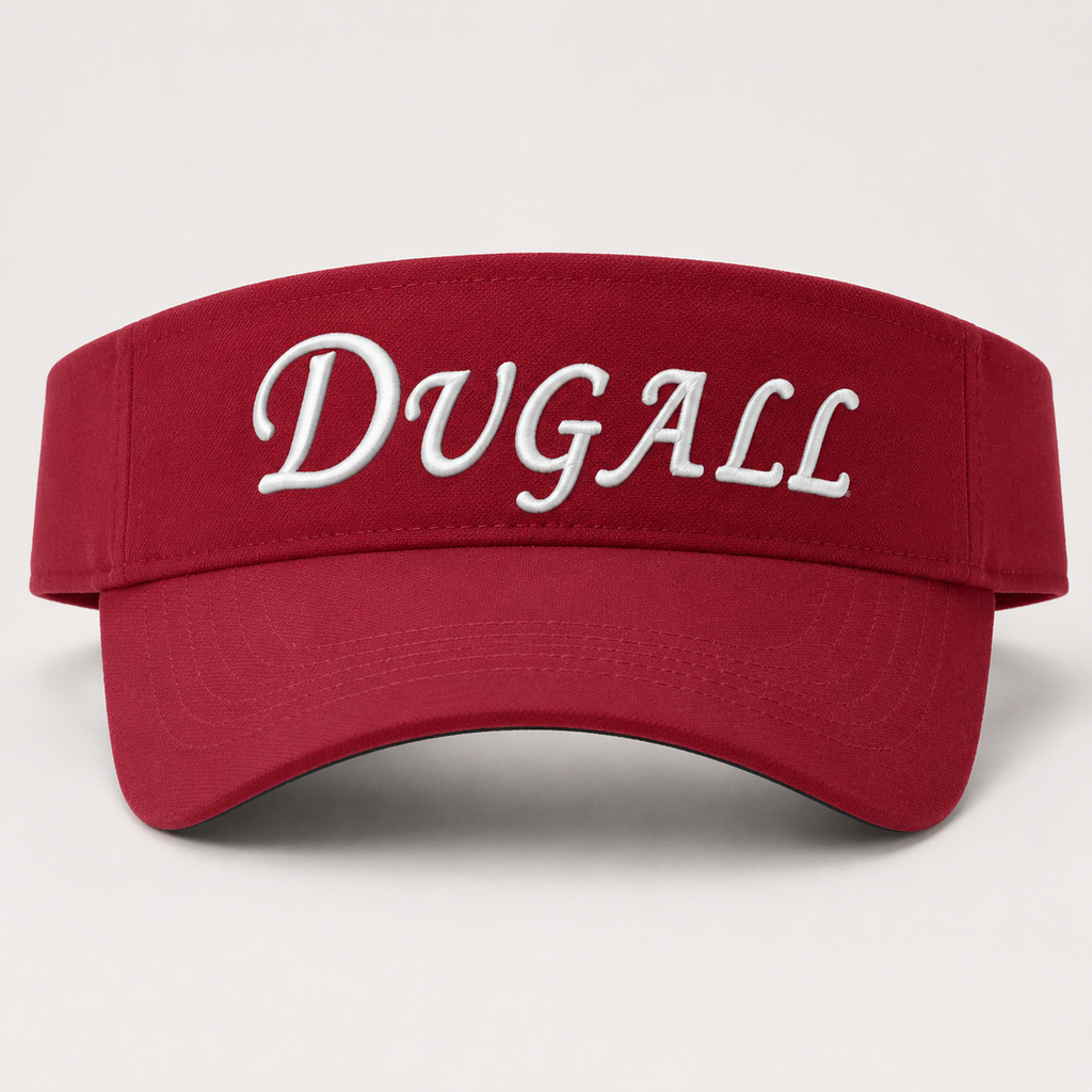 A red visor hat with the name 'DUGALL' embroidered in white script across the front, shown against a light gray background.