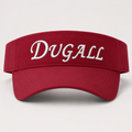 A red visor hat with the name 'DUGALL' embroidered in white script across the front, shown against a light gray background.