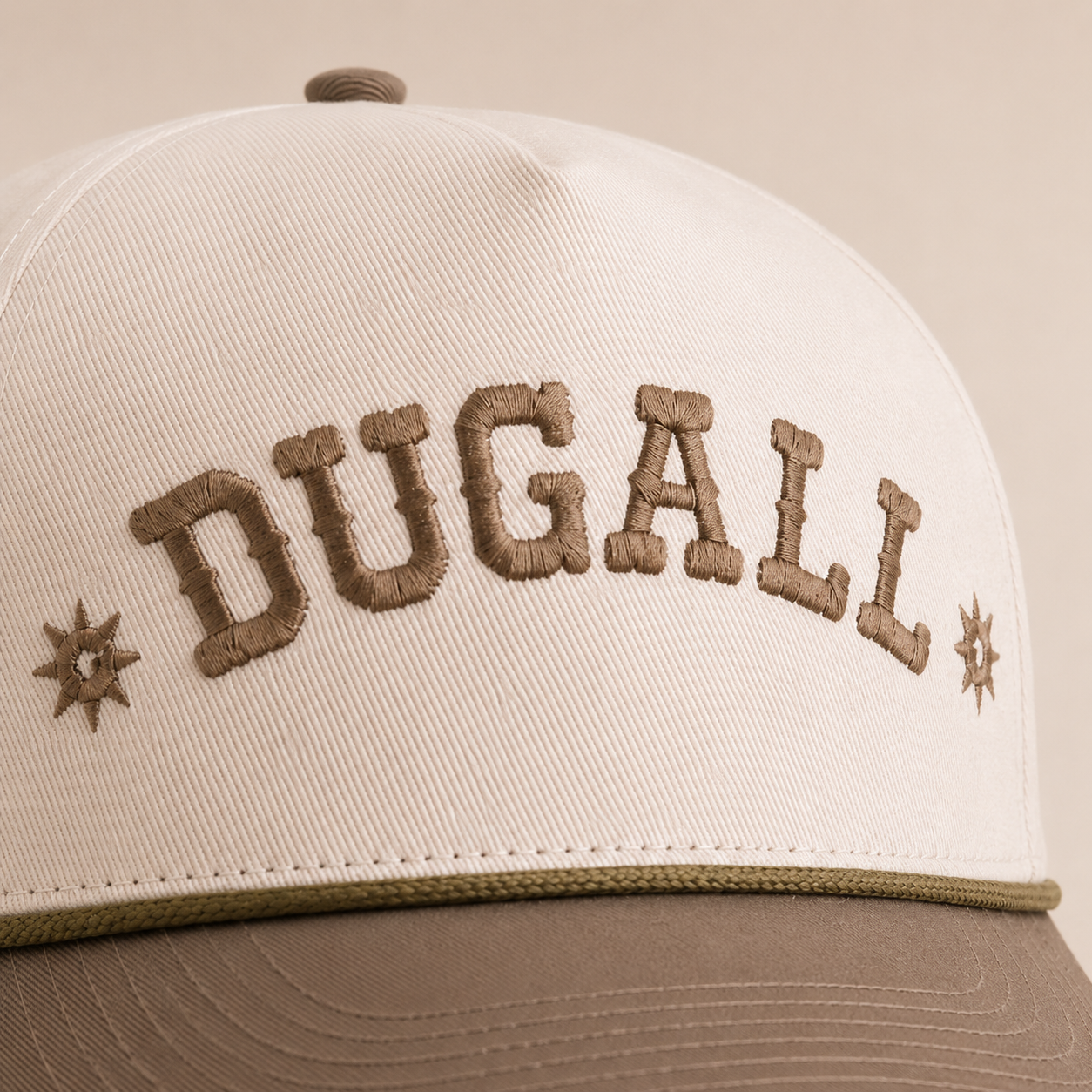 Close-up of custom script embroidery on cotton denim baseball cap