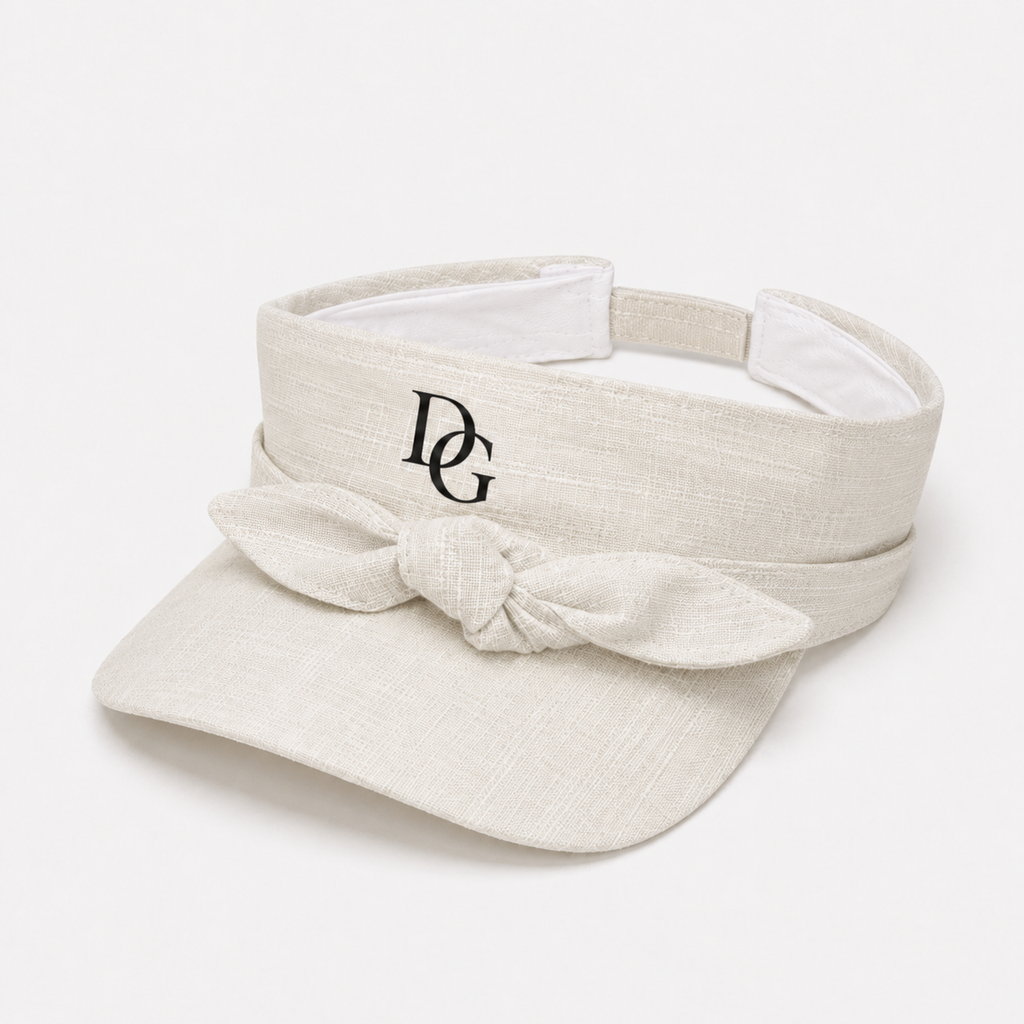 Side view of a custom embroidered sports sun visor made with lightweight polyester fabric and front bow tie detail.
