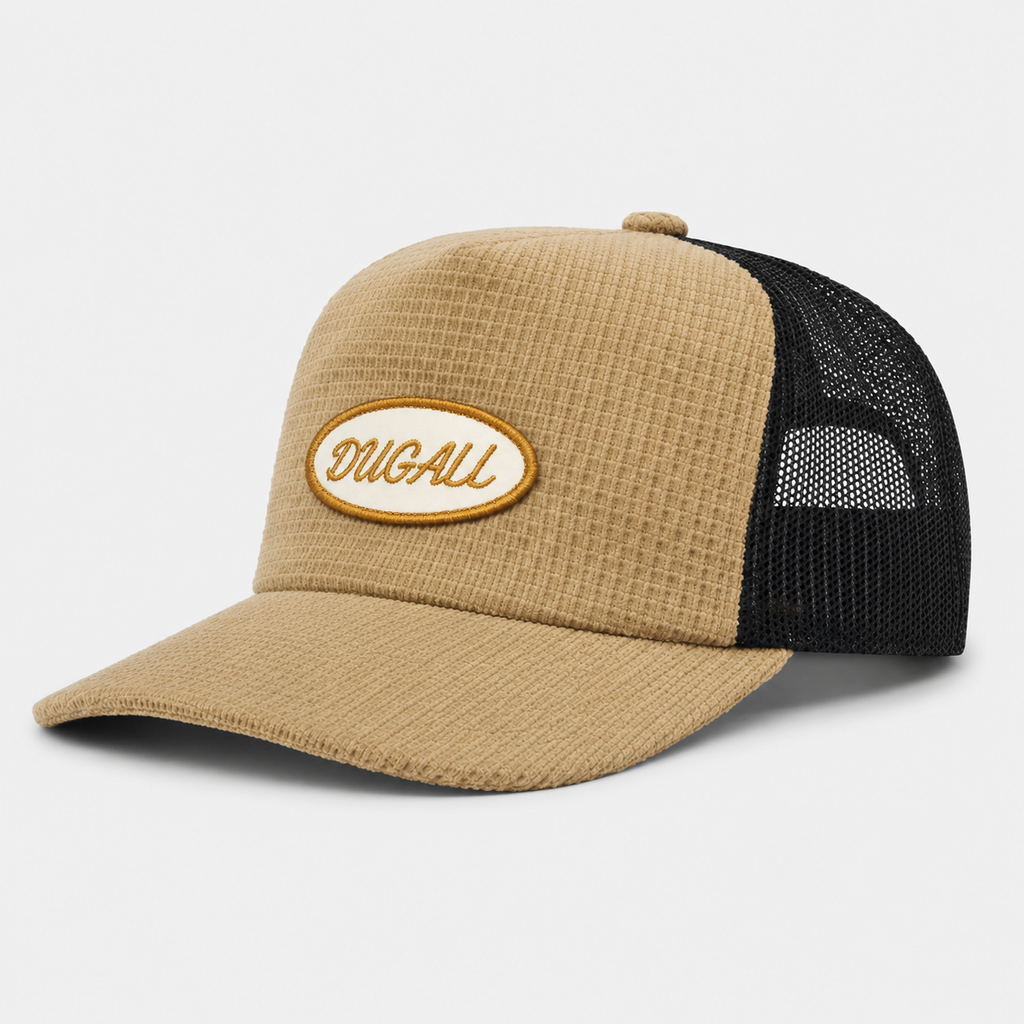 Side view of a textured cotton and polyester trucker hat with custom embroidered logo patch, structured front panel, black mesh back, and comfortable curved brim design.
