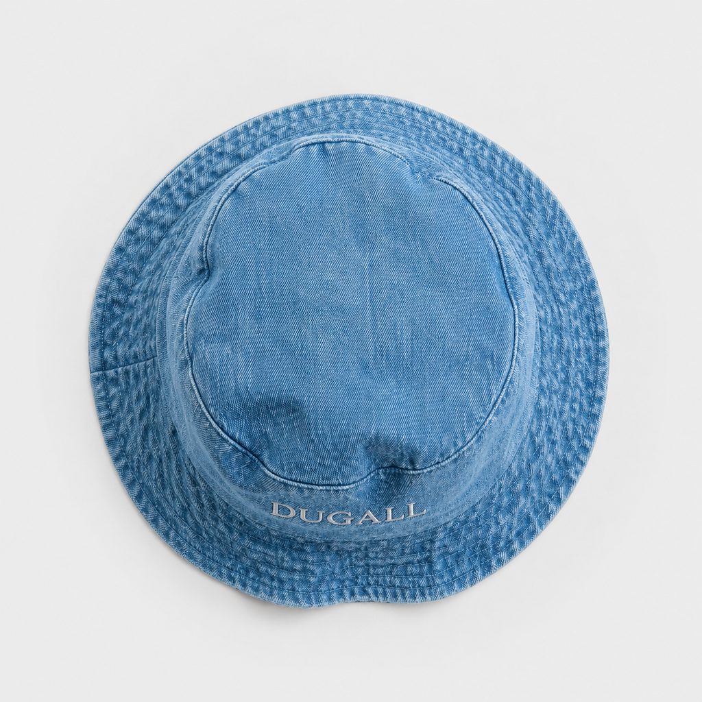 Top view of washed denim canvas bucket hat with soft brim, custom embroidery logo placement, and vintage blue texture.