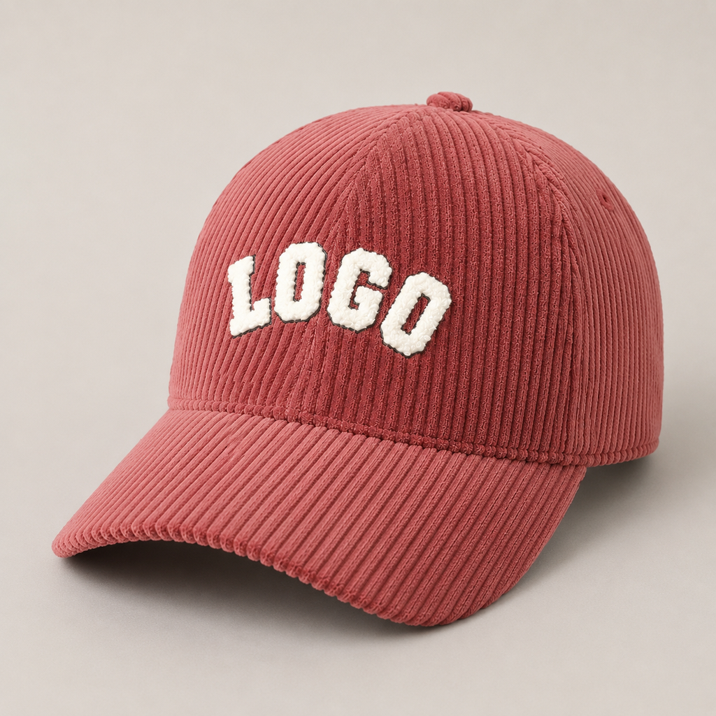 Vintage corduroy dad hat with custom embroidered logo and soft casual style