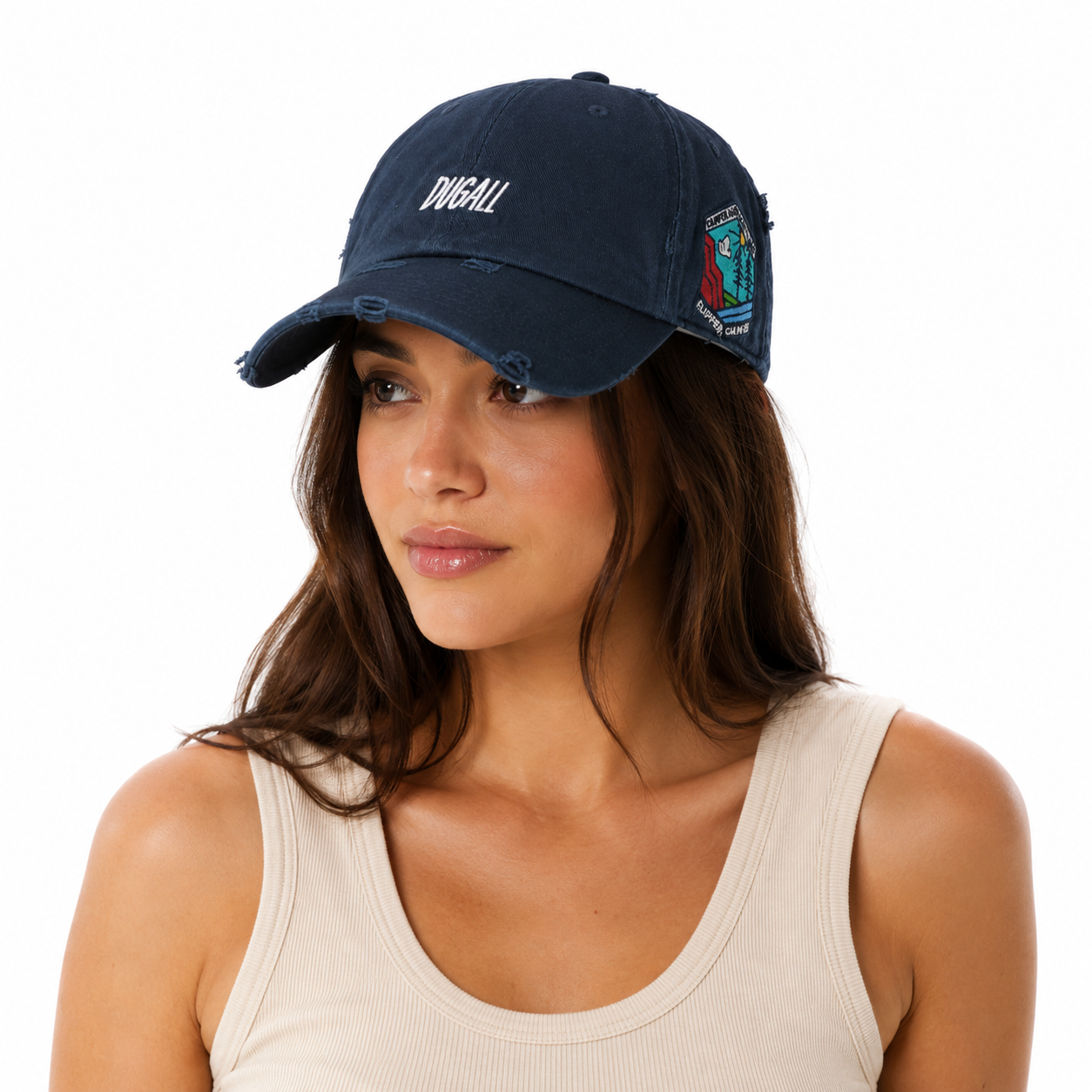 Women wearing custom washed cotton baseball cap with side patch
