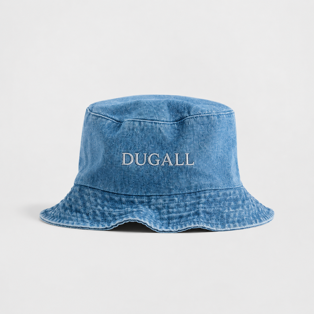Front view of a washed denim canvas bucket hat with custom embroidered DUGALL logo and lightweight breathable design.