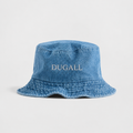 Front view of a washed denim canvas bucket hat with custom embroidered DUGALL logo and lightweight breathable design.