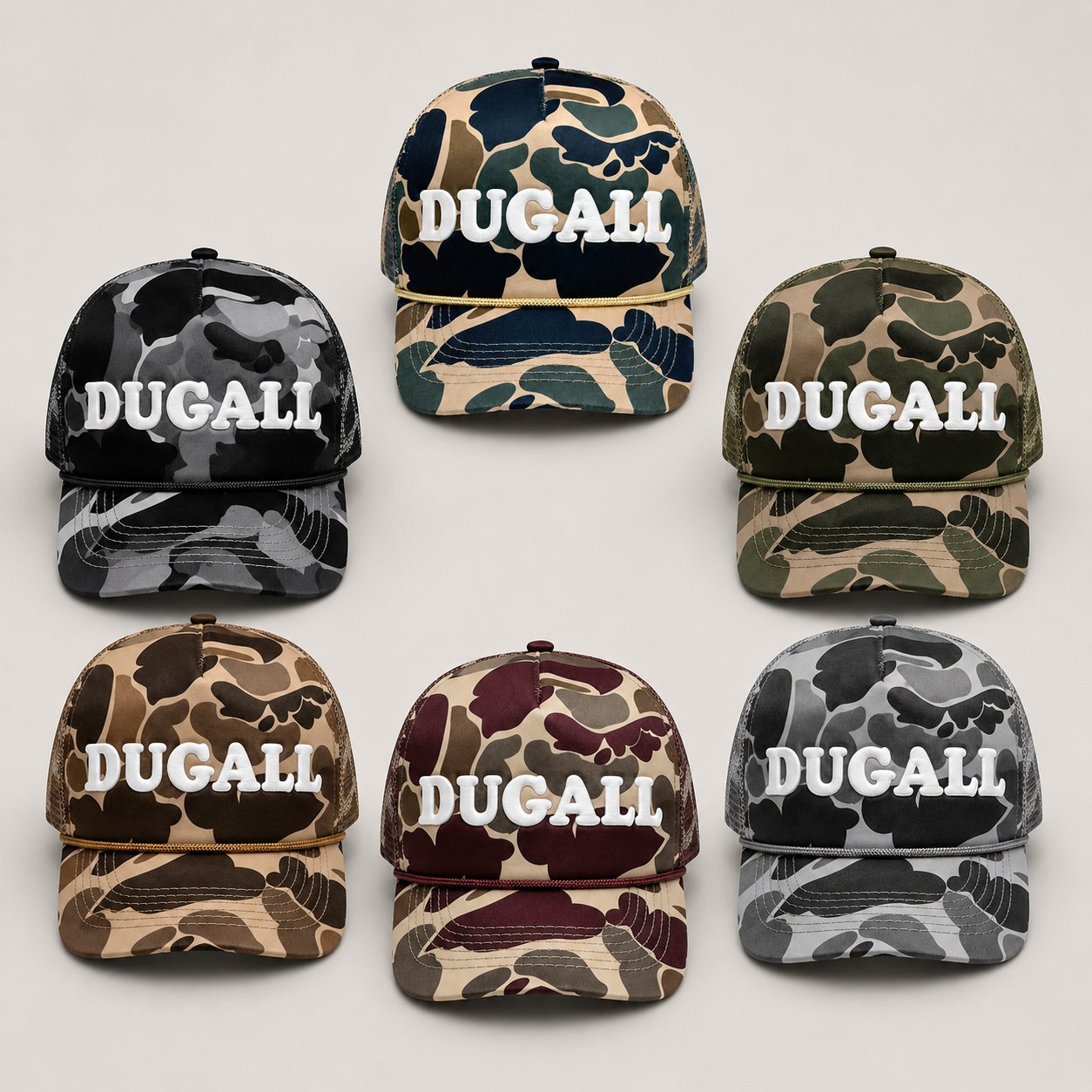 Wholesale custom camo trucker hats with multiple color options