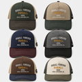 Multiple color options of custom embroidered trucker hats featuring cotton denim fabric, breathable mesh panels, curved brim design, and factory direct logo customization.
