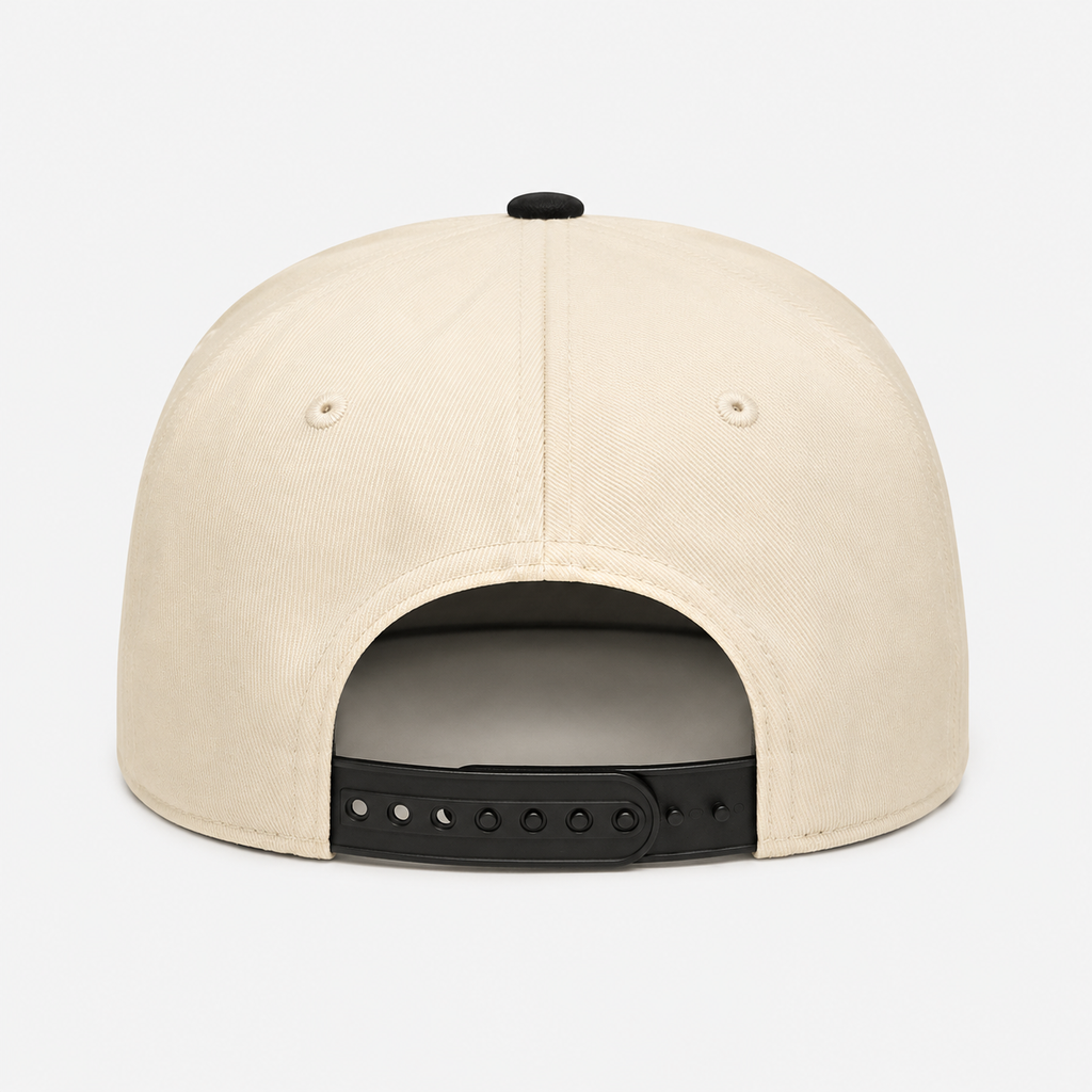 Adjustable snapback baseball cap with plastic snap closure