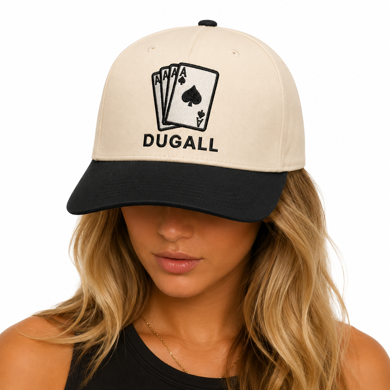 Women wearing custom embroidered snapback baseball cap with two tone design