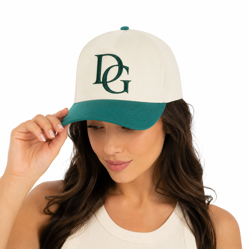 Women wearing custom denim baseball cap with 3D embroidery logo