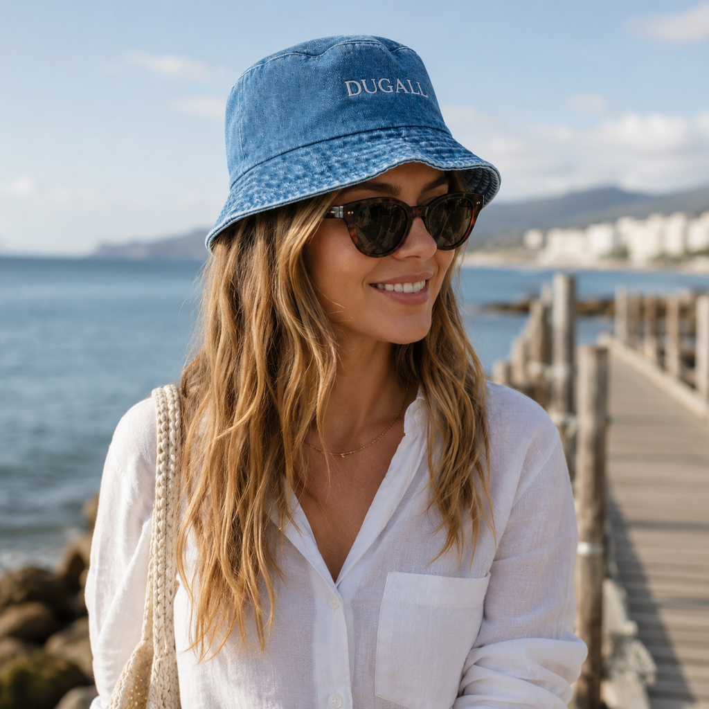 Female model wearing a washed denim canvas bucket hat with custom embroidery logo near the beach and boardwalk.