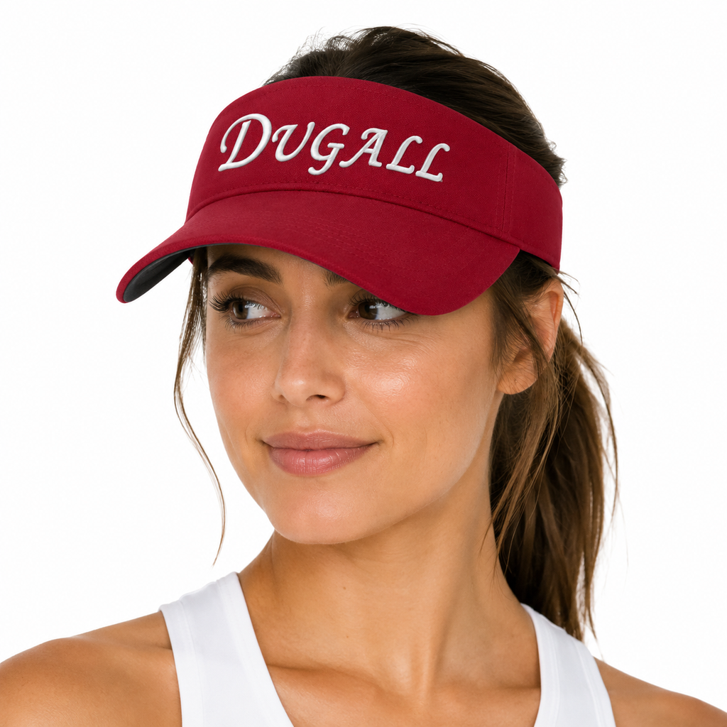A woman wearing a burgundy visor with 'DUGALL' embroidered in white script across the front, shown against a plain white background.