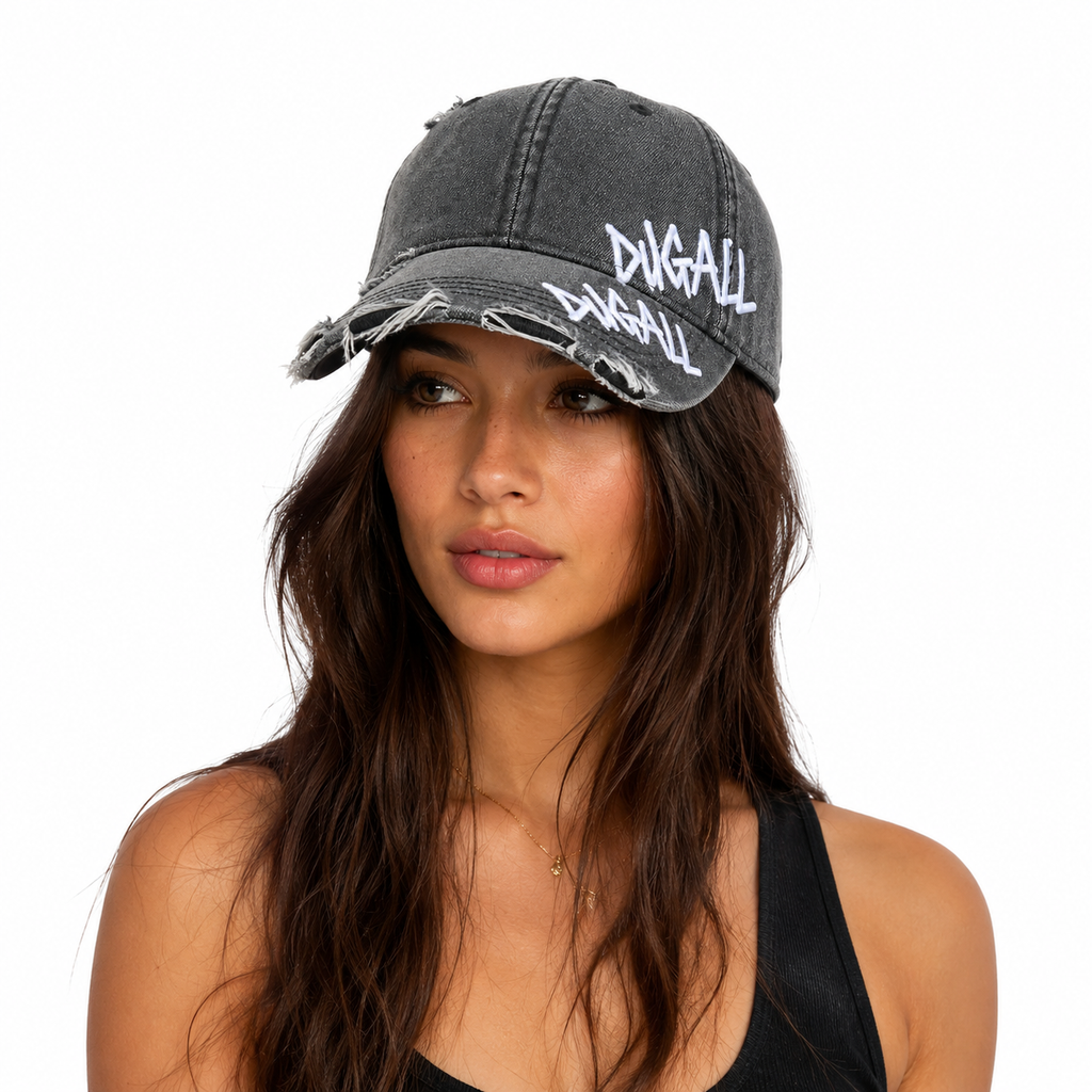 Women’s custom embroidered washed cotton cap with distressed streetwear style