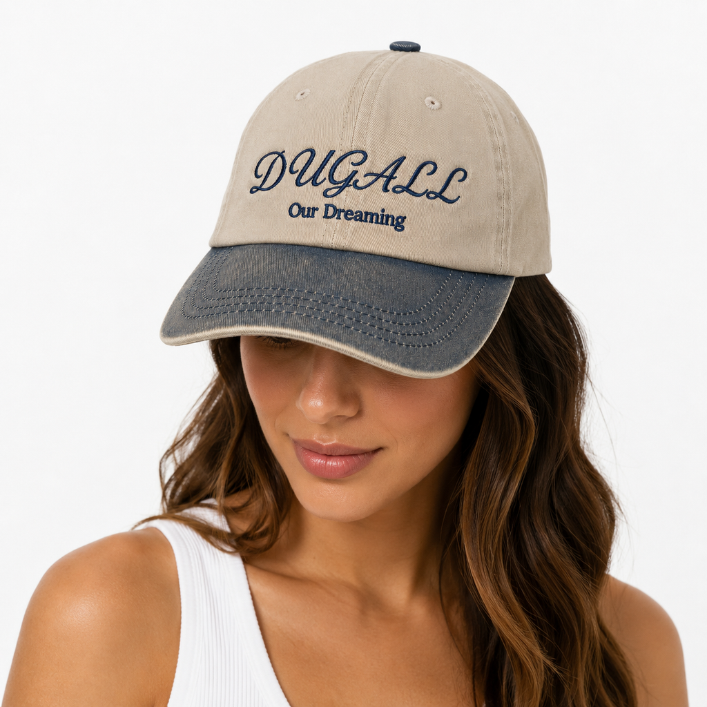 Women wearing two tone washed cotton cap with embroidered logo
