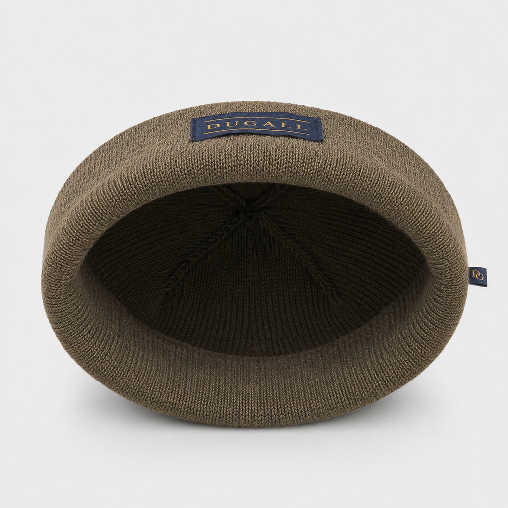 Inside view of an olive brown acrylic knit beanie showing folded cuff, patch label, and knit construction.