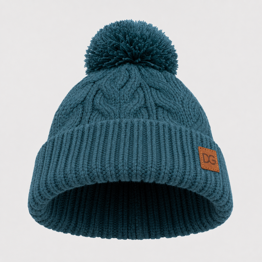 Bottom view of a teal pom pom winter beanie showing the cuffed opening, knit structure, and leather patch placement.