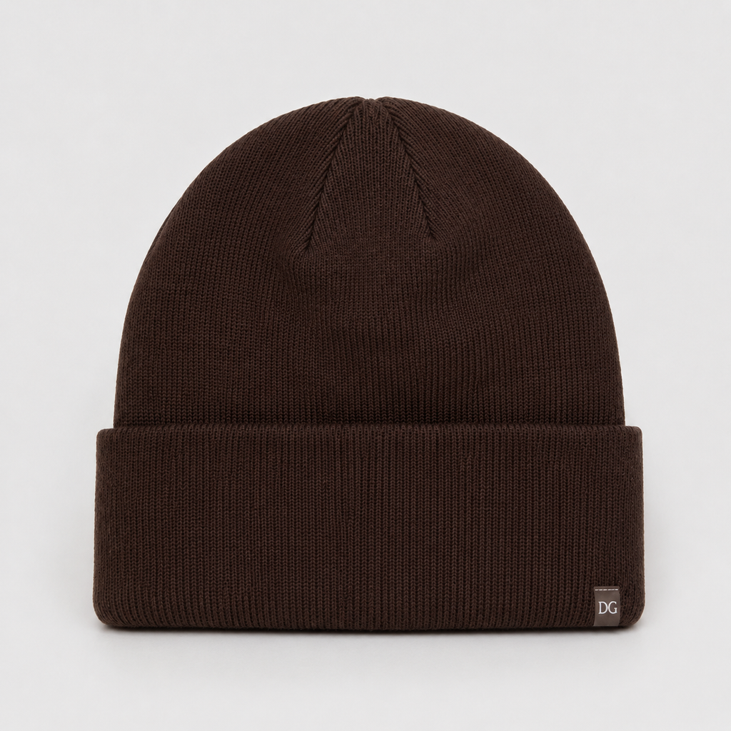 Blank brown acrylic spandex beanie with folded cuff and side label for custom logo branding.