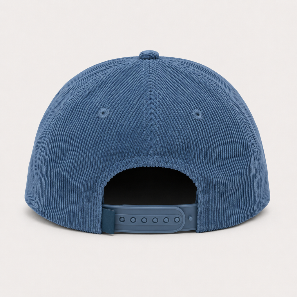 Back view of blue corduroy dad hat with adjustable closure