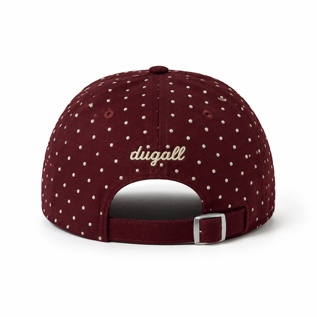Back view of a custom cotton baseball cap with adjustable metal buckle strap and embroidered back logo.