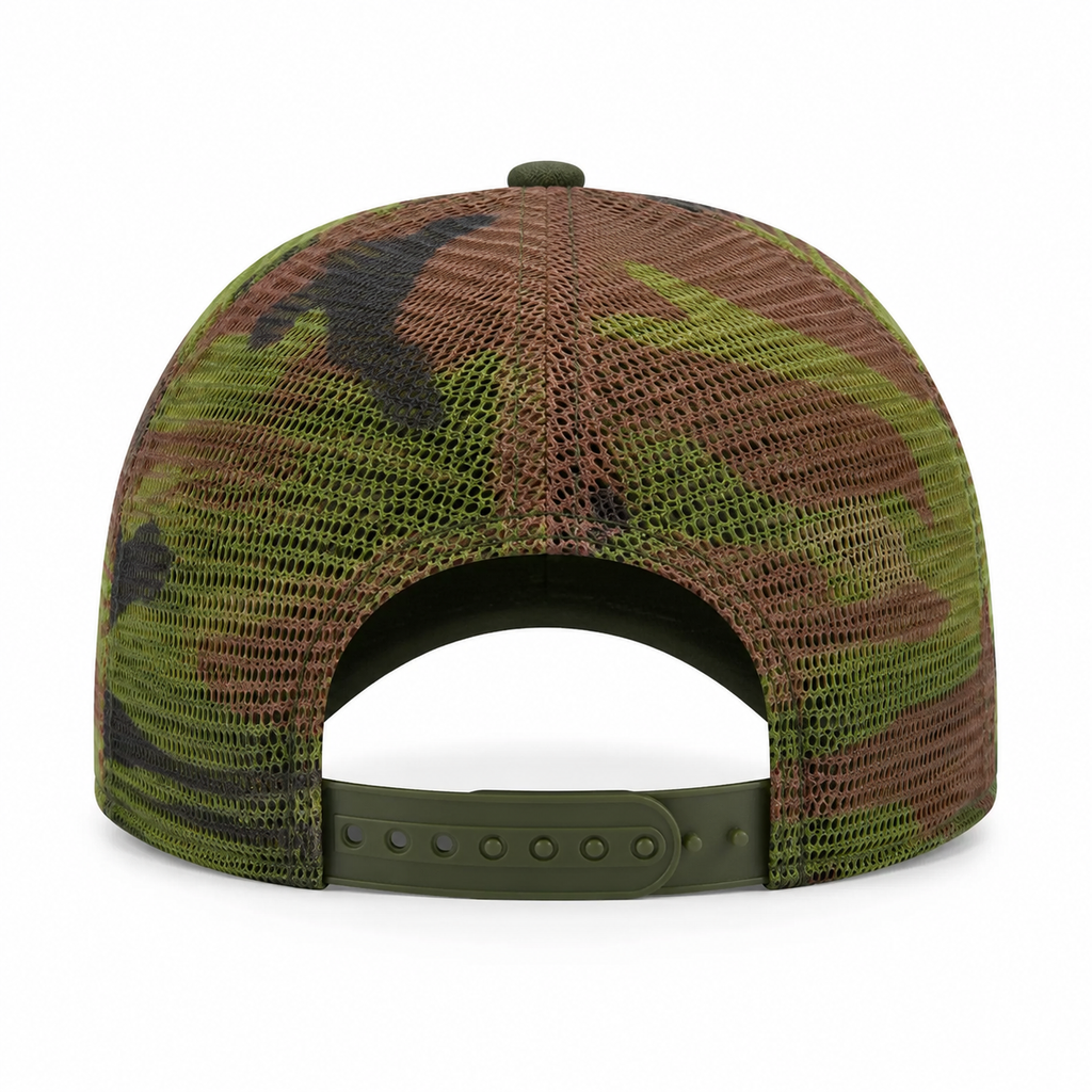 Back view of an adjustable camouflage trucker hat with printed polyester mesh and snapback closure