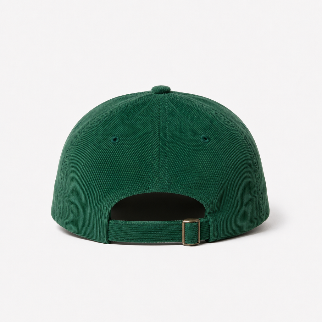Back view of a green corduroy 5 panel cap with adjustable strap and metal buckle closure.