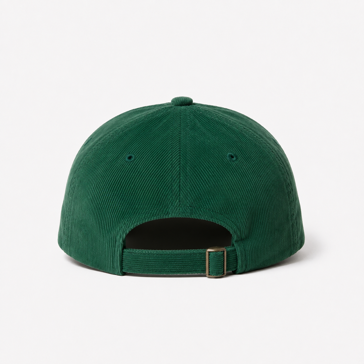 Back view of a green corduroy 5 panel cap with adjustable strap and metal buckle closure.