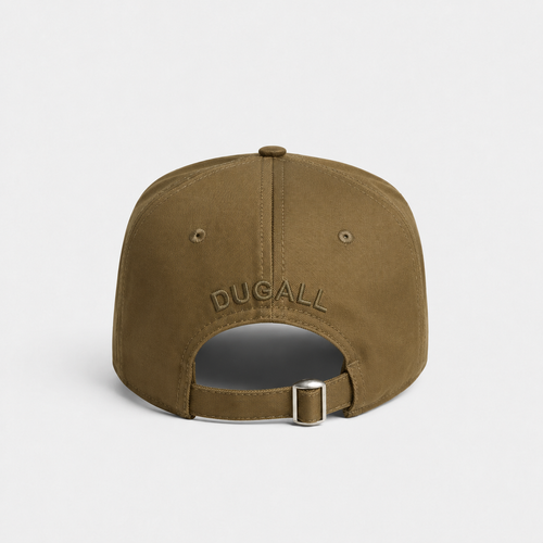 Back view of an adjustable custom snapback cap in olive brown with embroidered detail