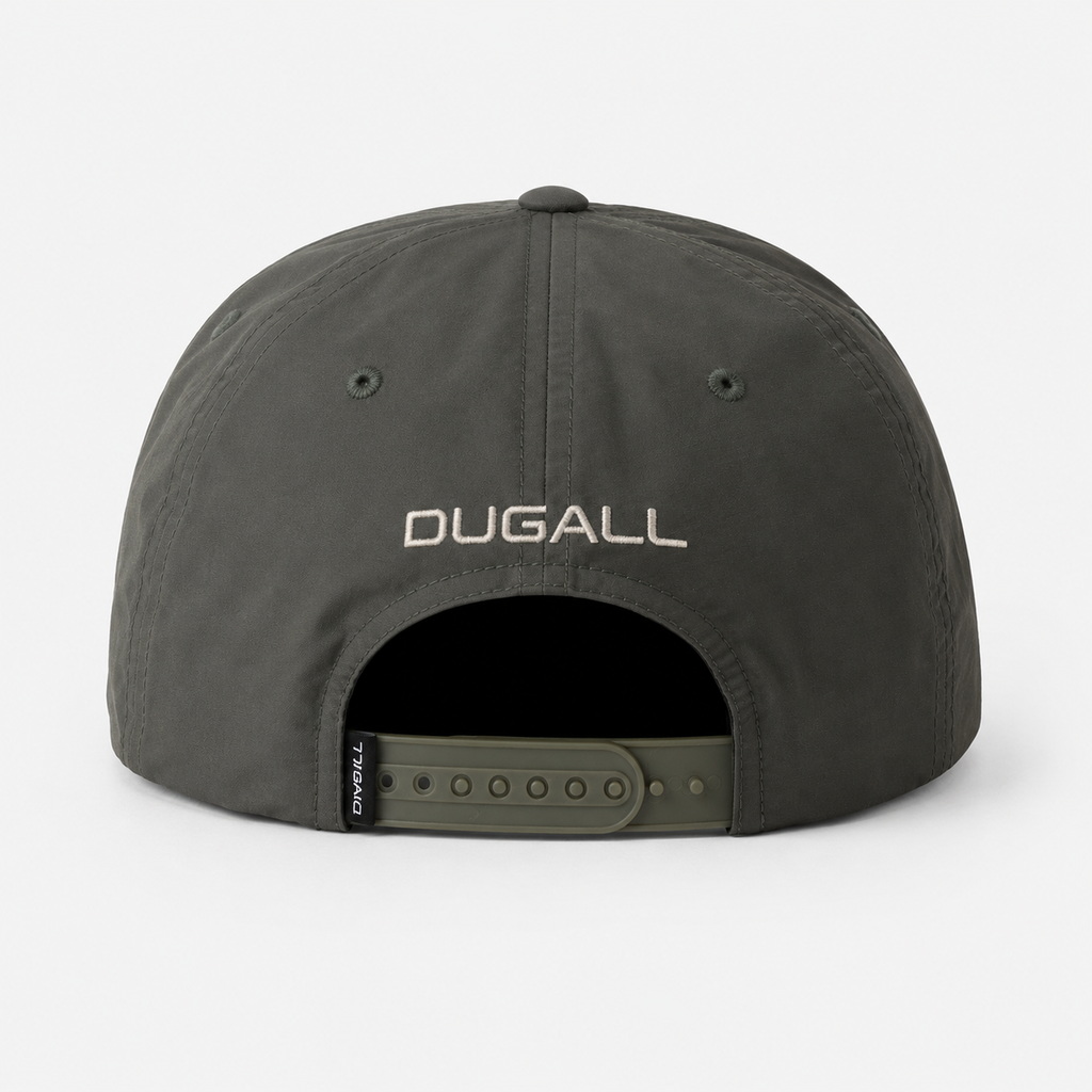 Back view of a custom nylon 5 panel baseball cap with adjustable snapback closure and clean branded finish