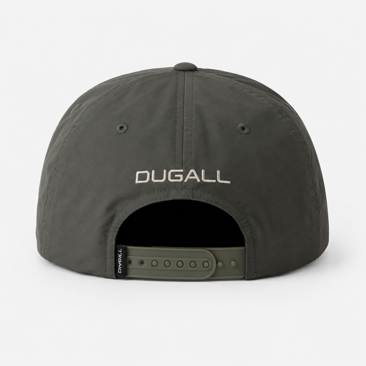 Back view of a custom nylon 5 panel baseball cap with adjustable snapback closure and clean branded finish