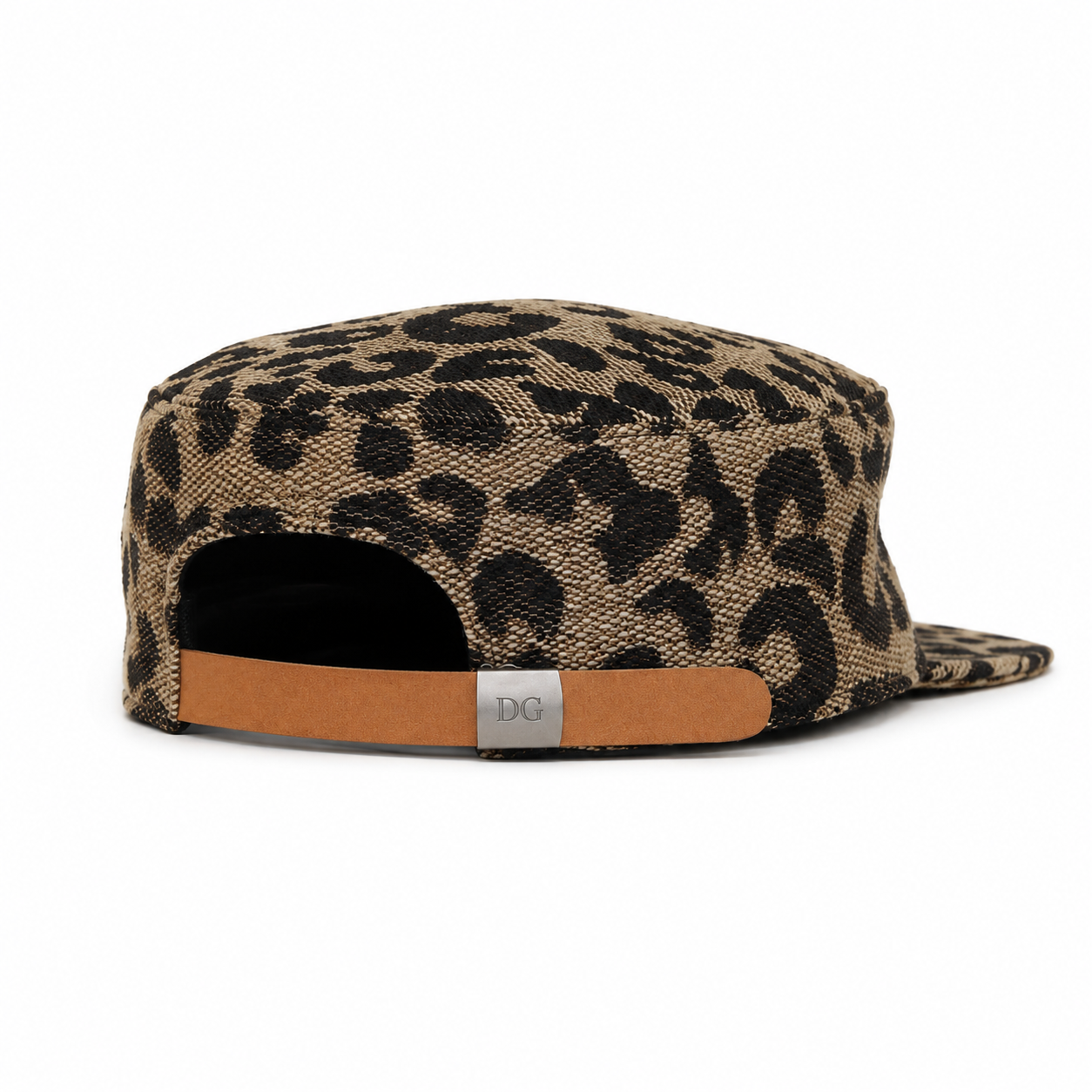 Back view of a custom leopard print flat brim cap with adjustable strap and metal buckle closure.