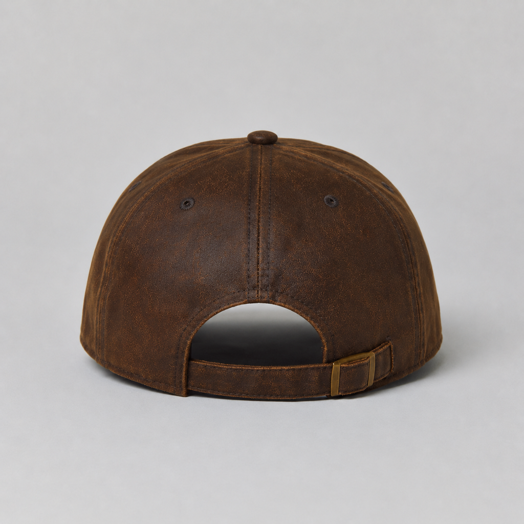 Back view of a brown faux leather dad hat with adjustable strapback and metal buckle closure.