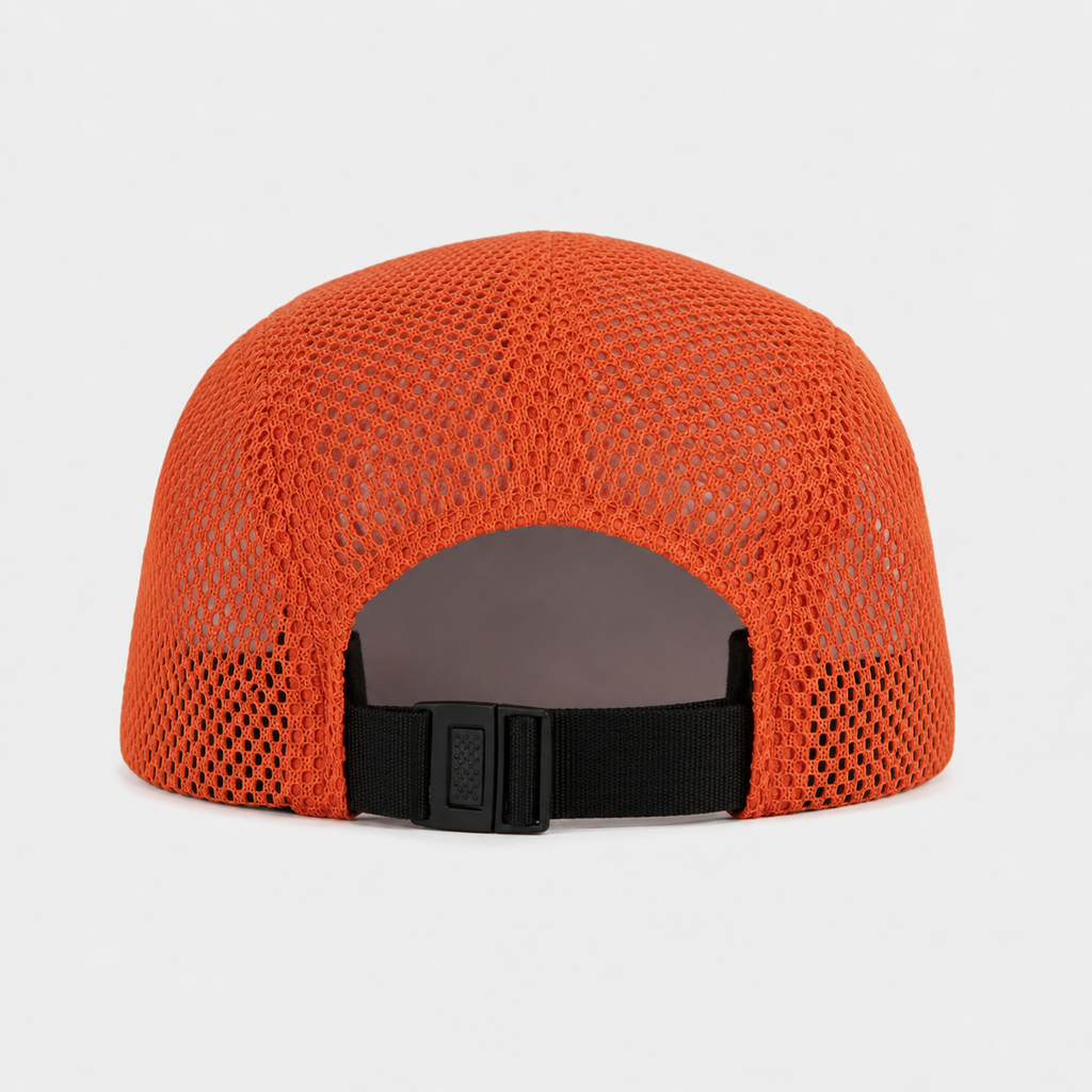 Back view of an orange custom mesh 5 panel cap with adjustable closure and full breathable mesh design