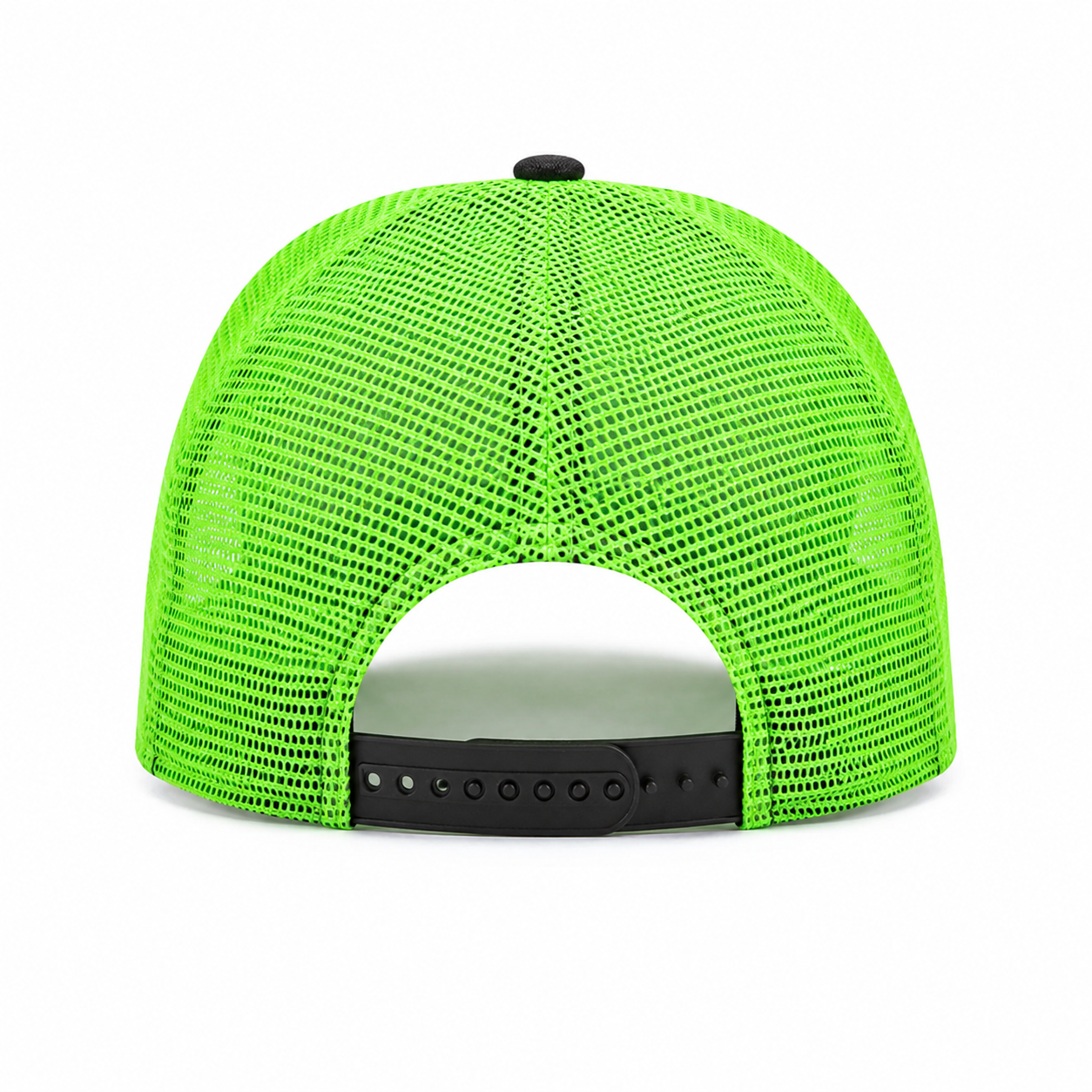 Back view of an adjustable six-panel trucker hat with neon green polyester mesh and black snapback