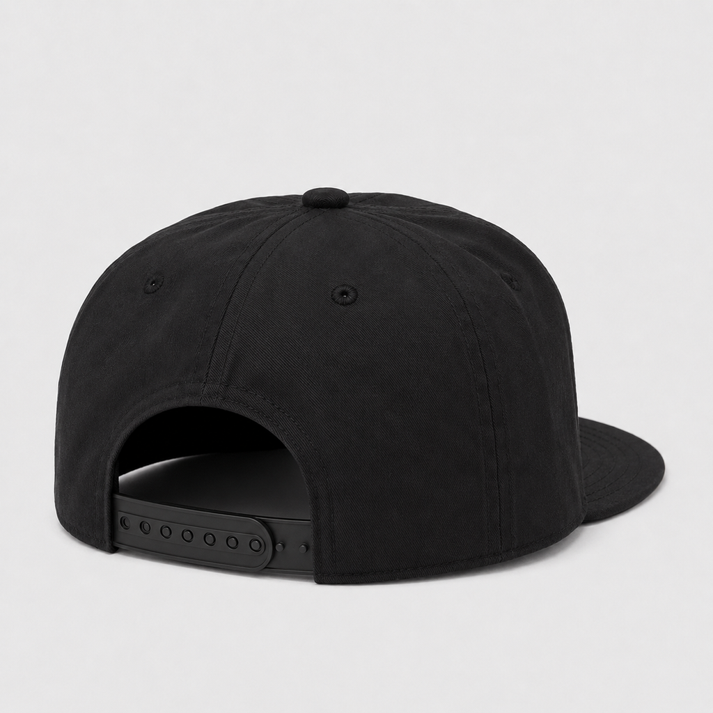 Back view of a black custom nylon snapback hat with adjustable plastic snapback closure.