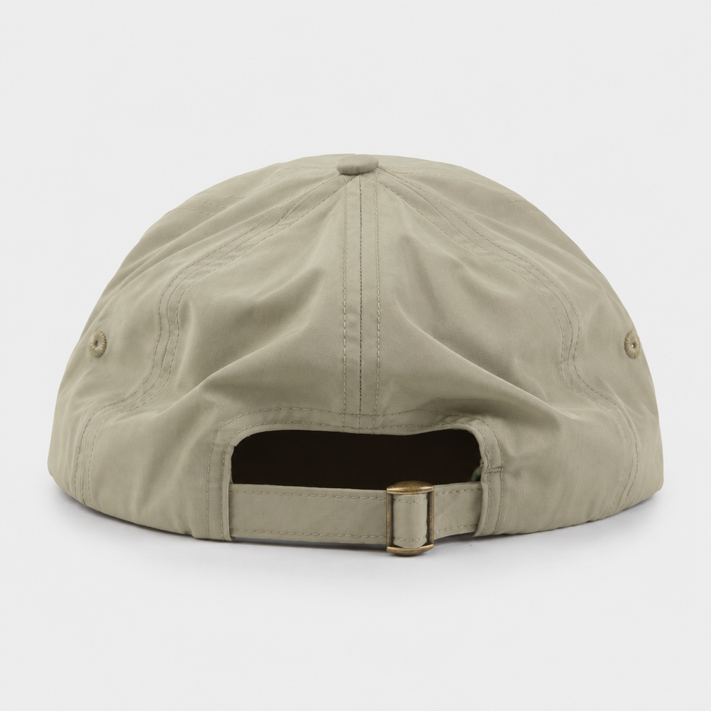 Back view of khaki custom 5 panel cap with adjustable strap closure for outdoor and casual wear