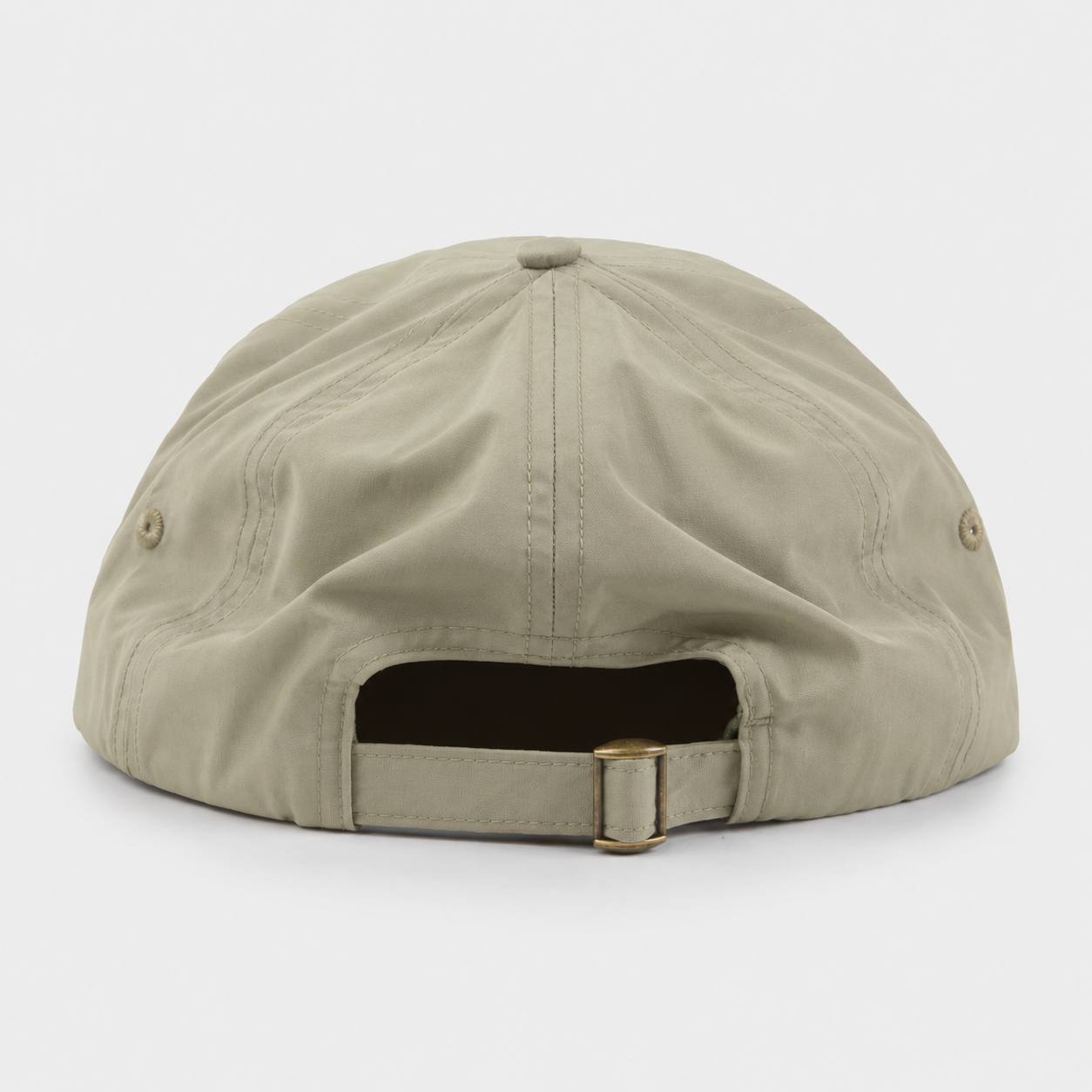 Back view of khaki custom 5 panel cap with adjustable strap closure for outdoor and casual wear