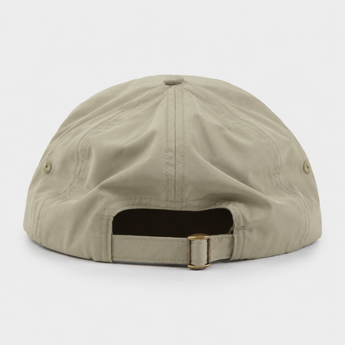 Back view of khaki custom 5 panel cap with adjustable strap closure for outdoor and casual wear
