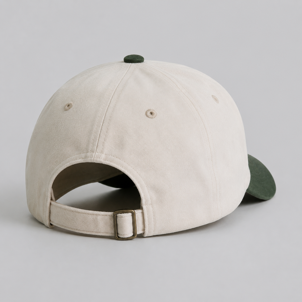 Back view of a cotton custom dad hat with adjustable strapback closure and green faux suede brim.