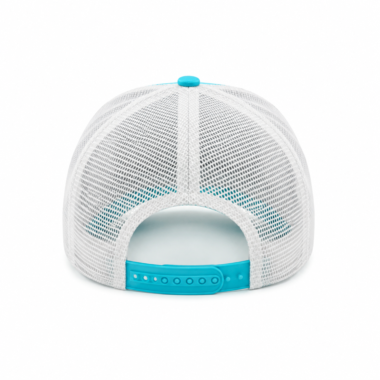 Back view of a custom foam trucker hat with white mesh back and adjustable turquoise snapback closure