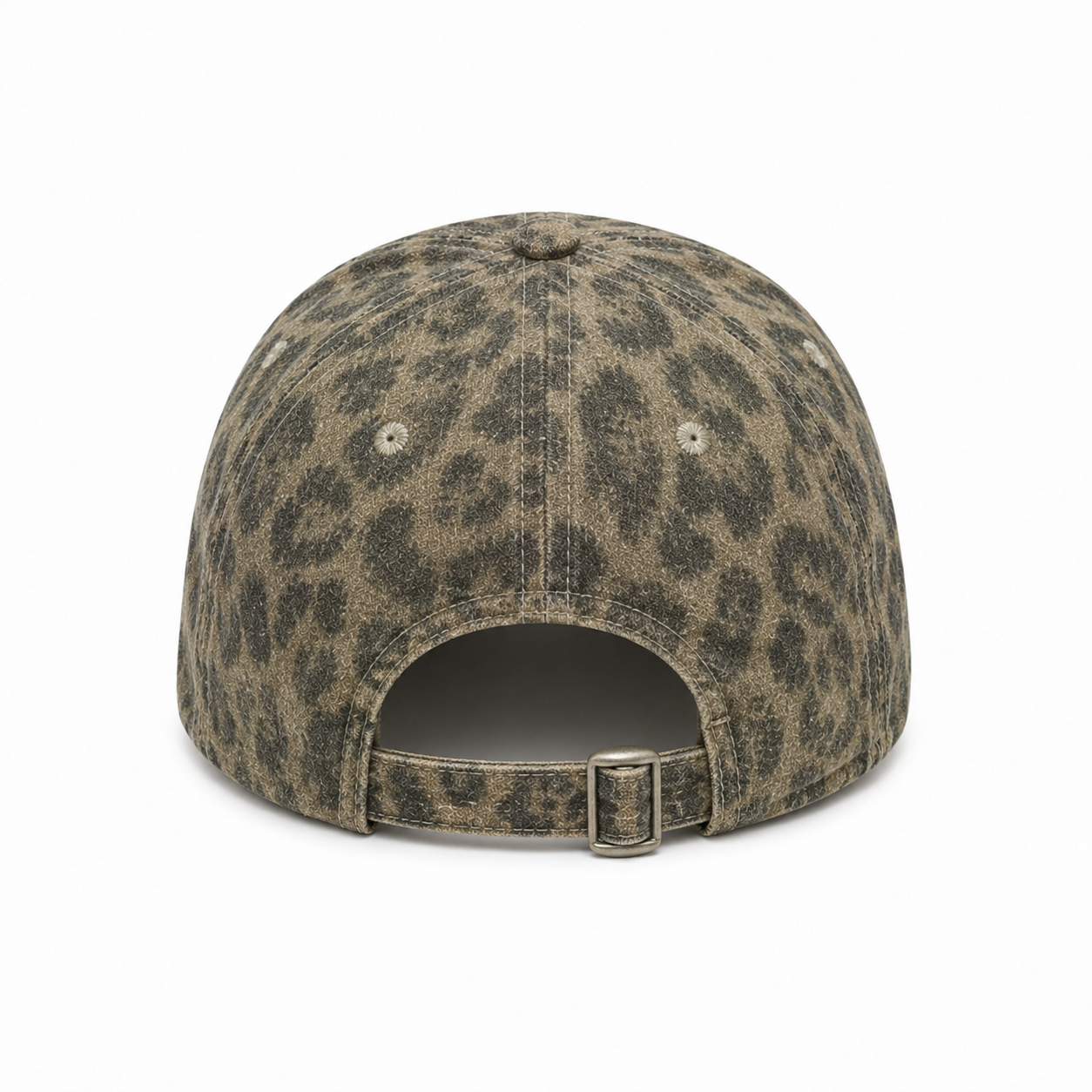 Back view of an adjustable washed cotton baseball cap with metal buckle strap and vintage leopard print