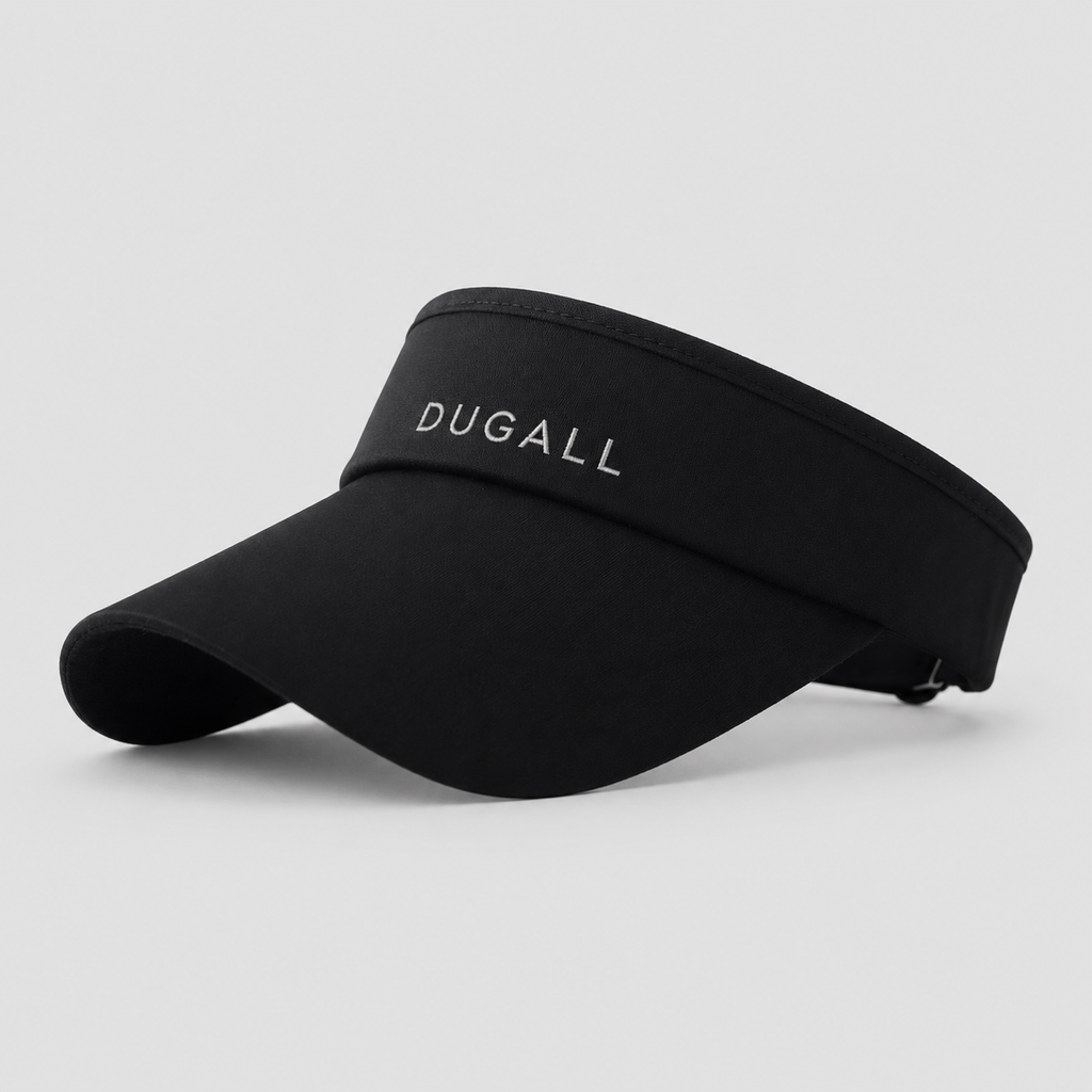 Angled side view of a black embroidered golf visor with custom logo, lightweight polyester fabric and sporty curved brim