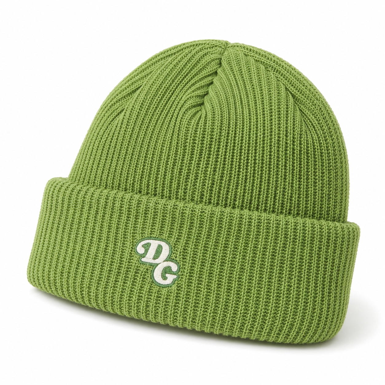 Angled view of a green ribbed acrylic beanie with custom embroidered logo on the folded cuff.