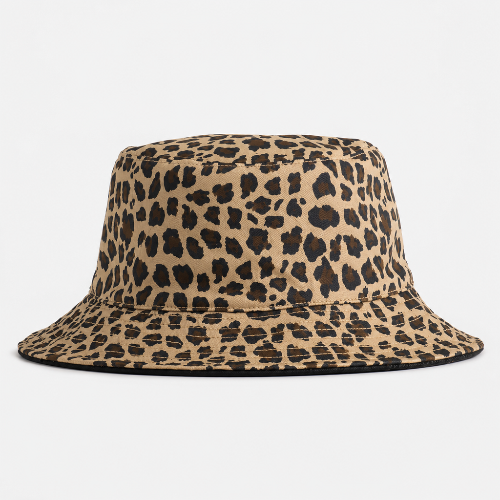 Close-up of leopard print cotton polyester fabric on a reversible custom bucket hat
