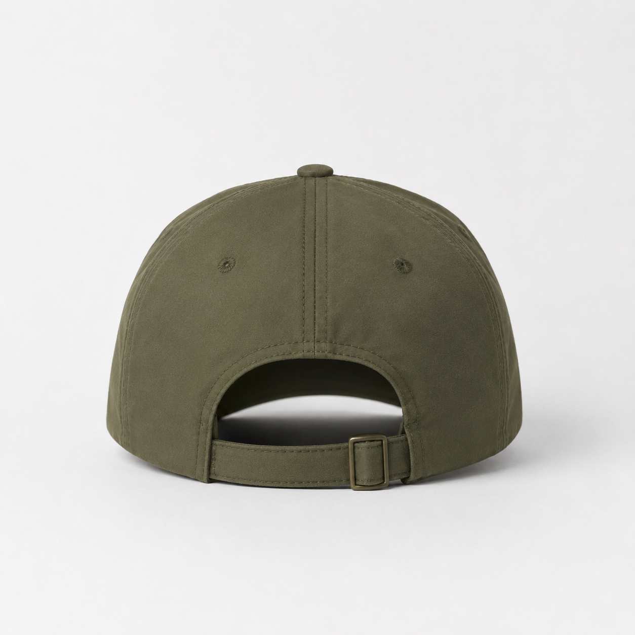 Back view of an olive green cotton twill 5 panel cap with adjustable strap and metal buckle closure.
