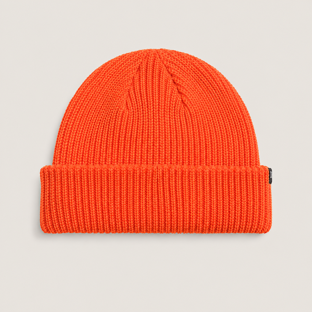 Back view of a bright orange short beanie in acrylic yarn with a clean minimalist design and cuffed silhouette