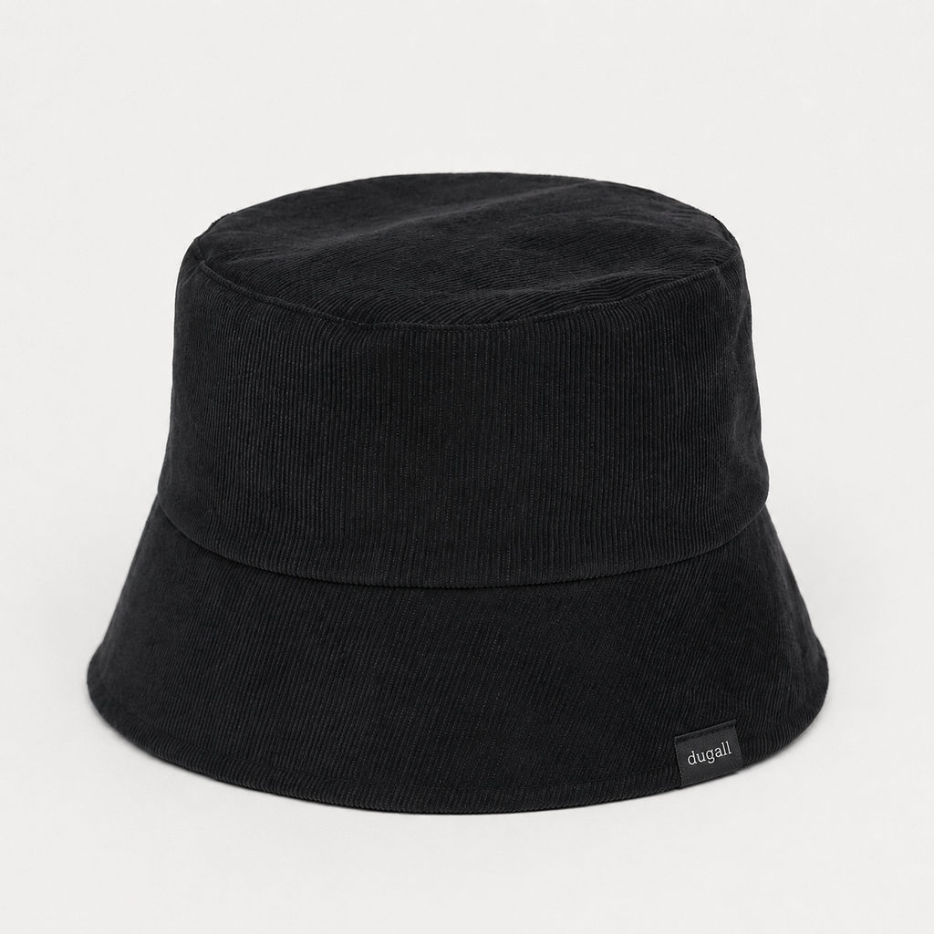 Back view of a black cotton bucket hat with corduroy-style ribbed fabric and side woven label
