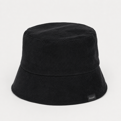 Back view of a black cotton bucket hat with corduroy-style ribbed fabric and side woven label