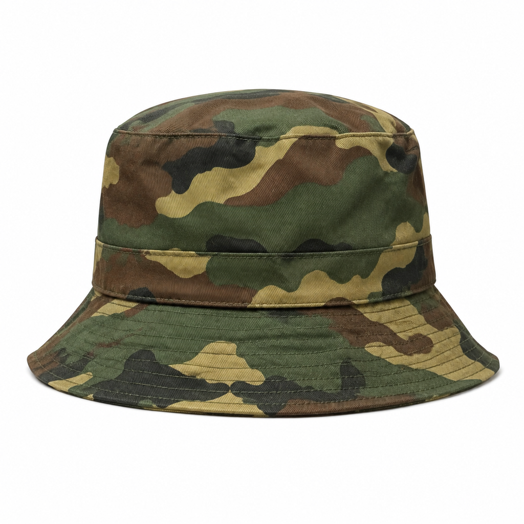 Back view of a washed cotton camouflage bucket hat with a clean vintage-style design.