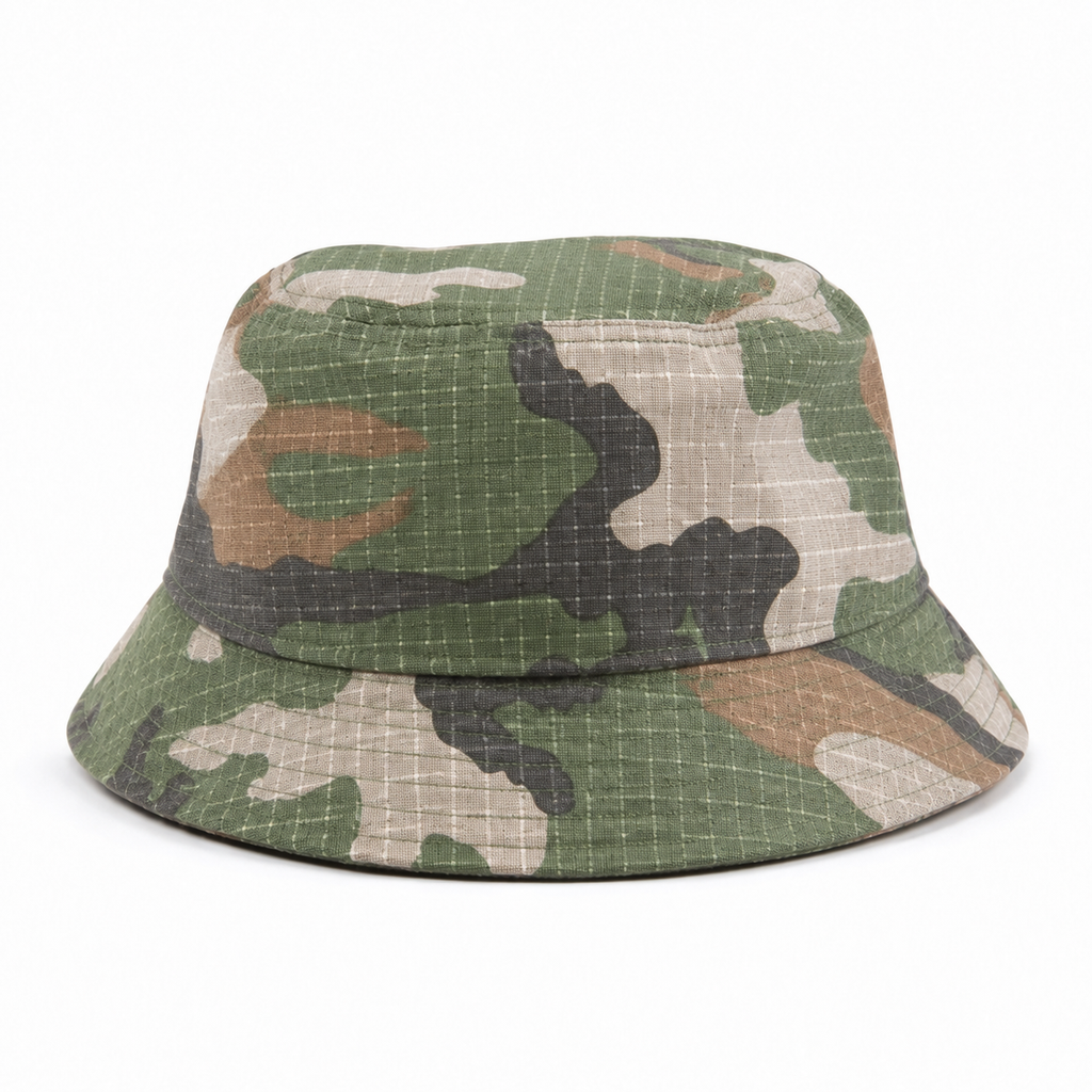 Back view of a custom camouflage bucket hat made from washed cotton with a clean outdoor casual silhouette.